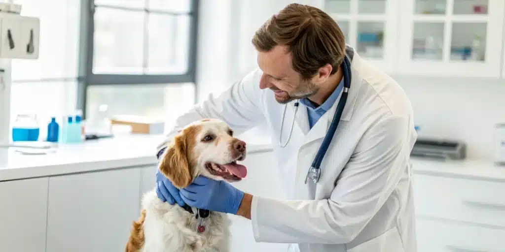 Realistic image of a veterinarian assessing a dog for potential cannabis exposure, highlighting expert pet care and safety.