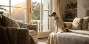 Realistic image of a dog in a cozy home environment emphasizing pet safety in areas where cannabis is used.