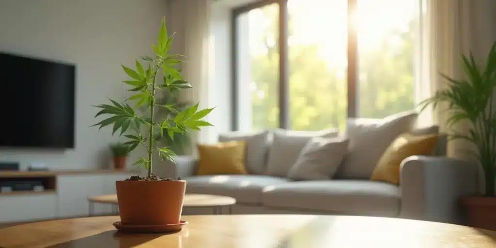 Cannabis plant in pot on a coffee table in a pet-friendly living room.