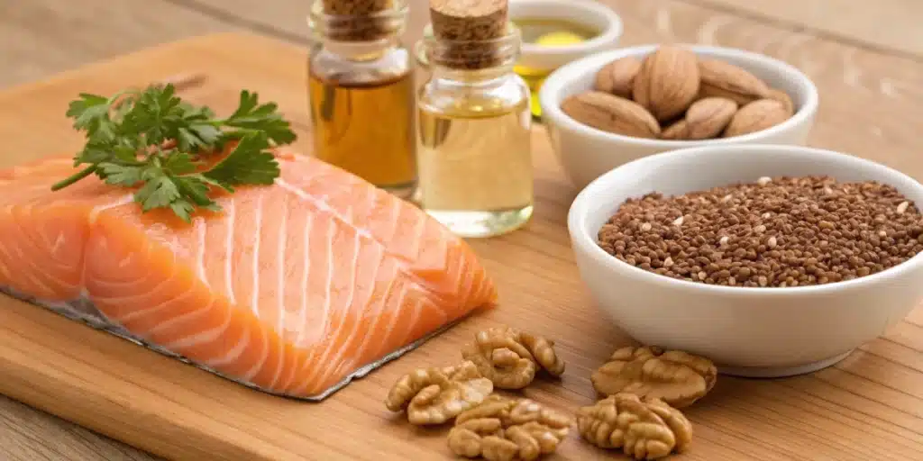 Healthy meal featuring omega-rich foods and supplements targeting endocannabinoid deficiency