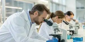 Researchers in a lab analyzing samples for endocannabinoid deficiency
