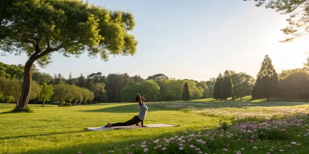 Person practicing yoga outdoors to support endocannabinoid deficiency recovery