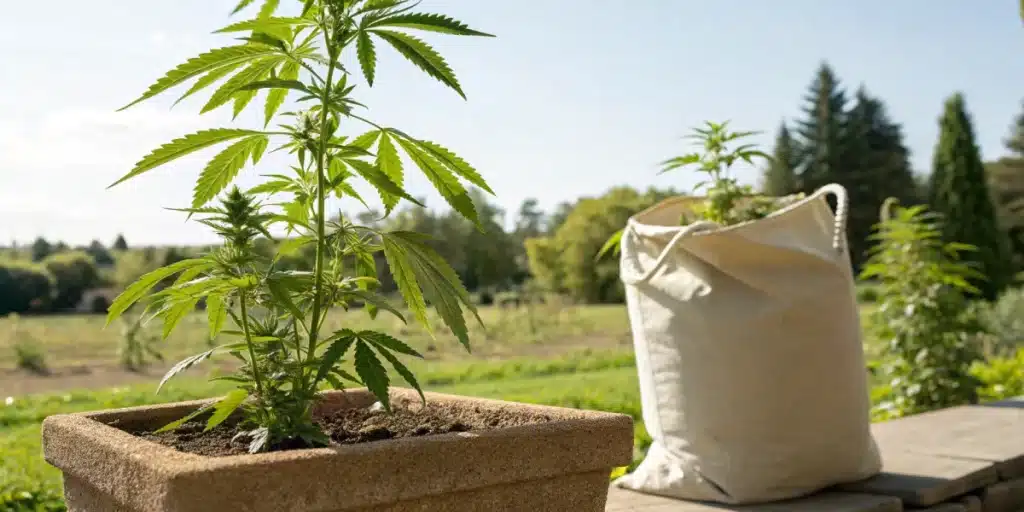 Realistic outdoor view of thriving cannabis plants with a bag of Epsom salt nearby, showcasing the natural boost for weed plant growth.