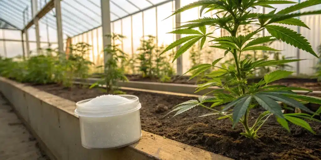 Realistic image of cannabis plants in a greenhouse with a container of Epsom salt, emphasizing enhanced growth and nutrient uptake.