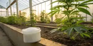 Realistic image of cannabis plants in a greenhouse with a container of Epsom salt, emphasizing enhanced growth and nutrient uptake.
