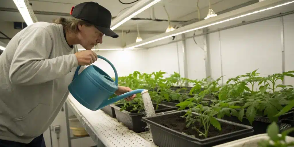Realistic image of a grower adding Epsom salt to a watering can in an indoor setup, highlighting its role in improving cannabis plant health.