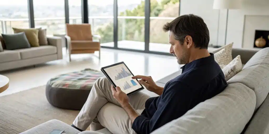 Realistic image of a man studying research on marijuana and erectile issues in a contemporary setting.