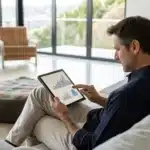 Realistic image of a man studying research on marijuana and erectile issues in a contemporary setting.