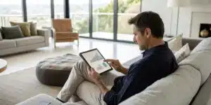 Realistic image of a man studying research on marijuana and erectile issues in a contemporary setting.