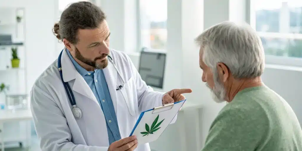 Realistic image of a group discussion on marijuana and erectile issues, featuring charts and key tips in a modern meeting space.