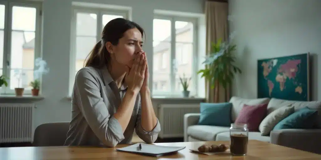 Concerned woman sitting at home with signs of discomfort from burnt throat due to cannabis smoking.