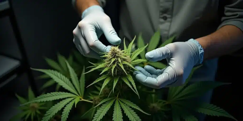 Scientist inspecting cannabis bud to study esters in cannabis compounds.