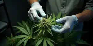 Scientist inspecting cannabis bud to study esters in cannabis compounds.