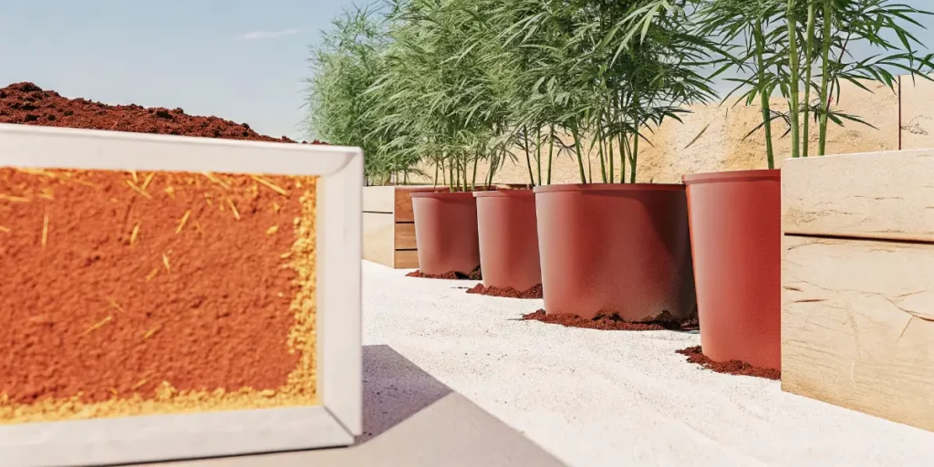 Hyper-realistic image showing cross-sections of large black pots revealing layered soil and white pebbles with tall cannabis plants.