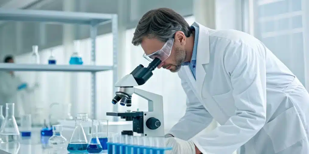 Realistic laboratory scene showing a scientist analyzing cannabis extract vs concentrate for quality and composition.