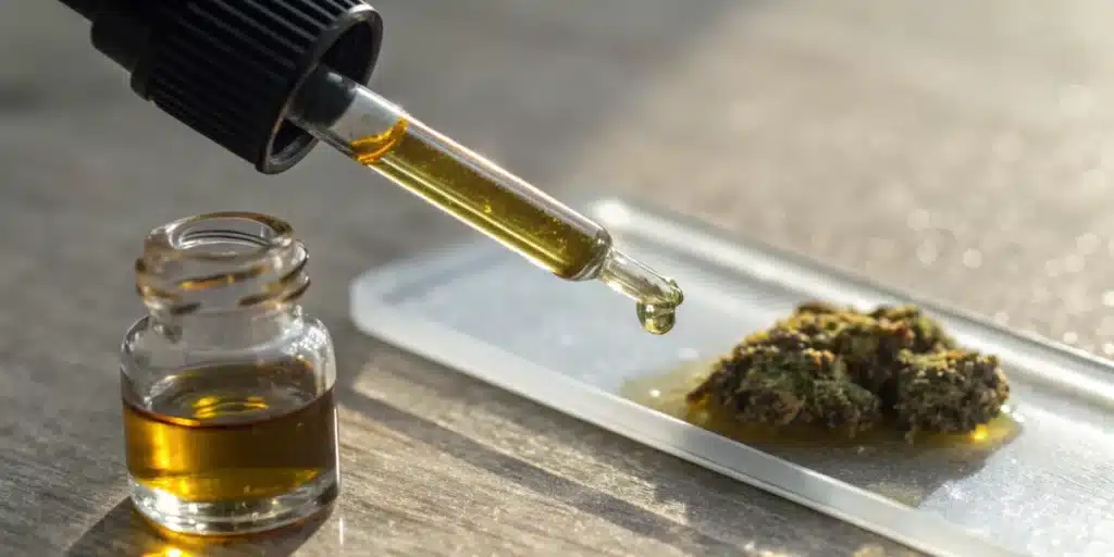 Realistic close-up of cannabis extract vs concentrate with clear contrast in color and viscosity in a lab setting.