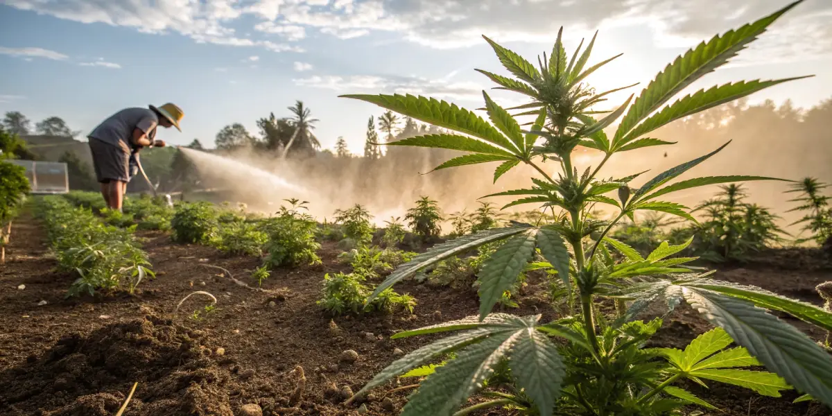 Farmer in a hat watering cannabis plants in a field with a hose, at sunset with mist in background.