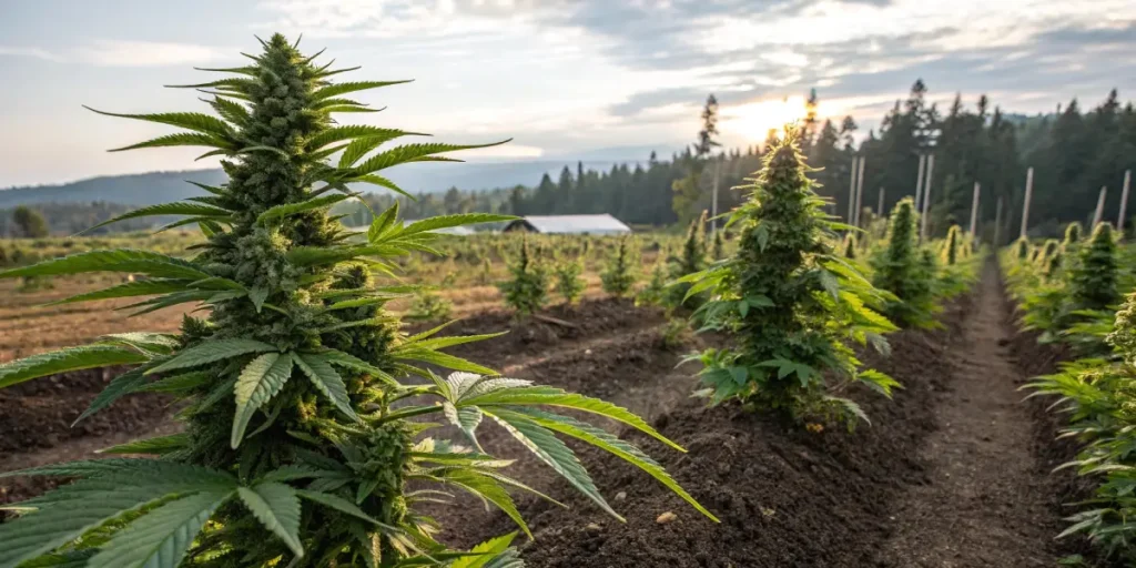 Hyper-realistic outdoor cannabis garden with rows of mature plants, leading to a distant farmhouse and forest at sunset.