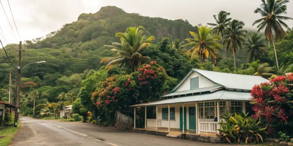Realistic image of a licensed cannabis shop in Fiji, highlighting legal status against a tropical backdrop.
