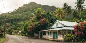 Realistic image of a licensed cannabis shop in Fiji, highlighting legal status against a tropical backdrop.