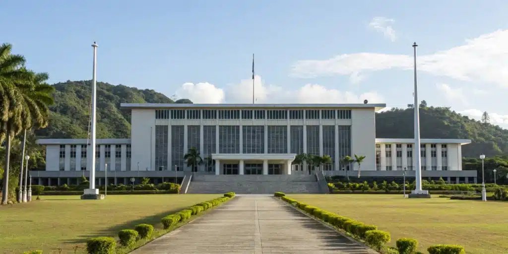 Realistic outdoor scene in Fiji showing community members with cannabis legal info posters, emphasizing local guidelines.