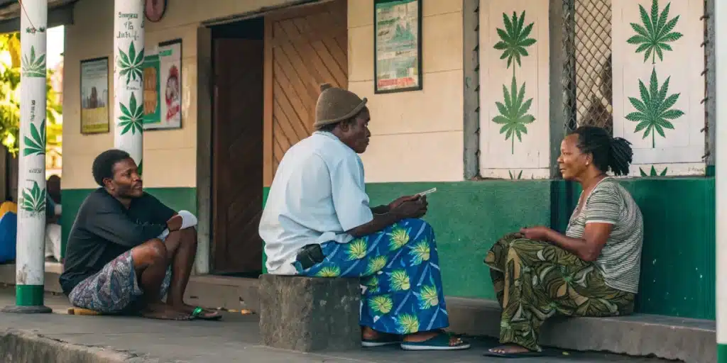 Realistic view of a Fijian government building displaying official cannabis regulation signage.