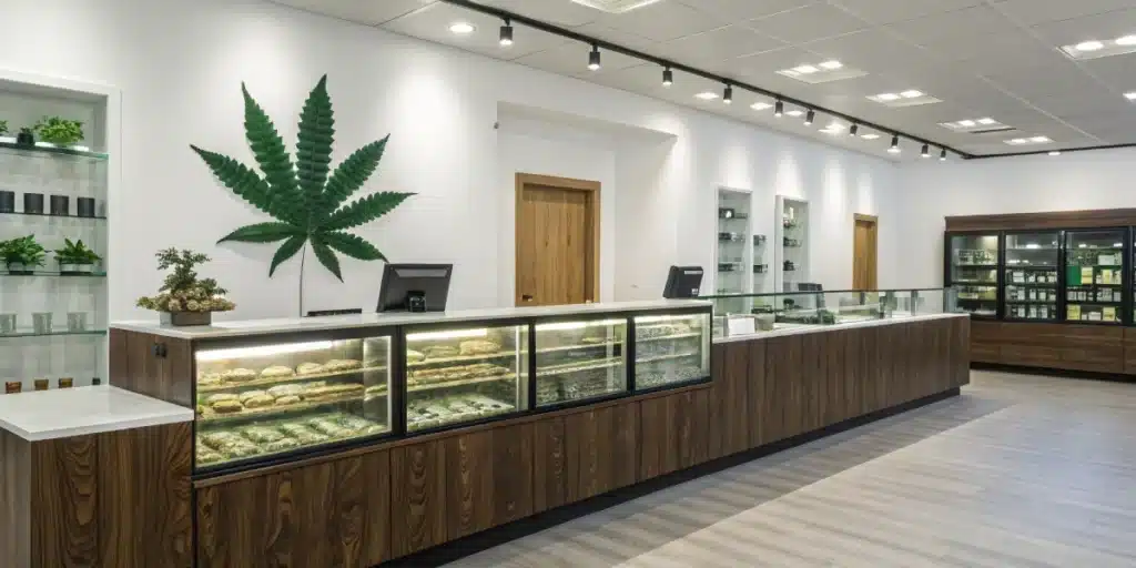 Realistic view of a Finnish cannabis dispensary meeting Finland weed laws and regulatory standards.