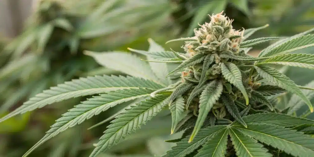 Realistic close-up of a flowering cannabis canopy after defoliate during flowering, highlighting improved light penetration and bud visibility.