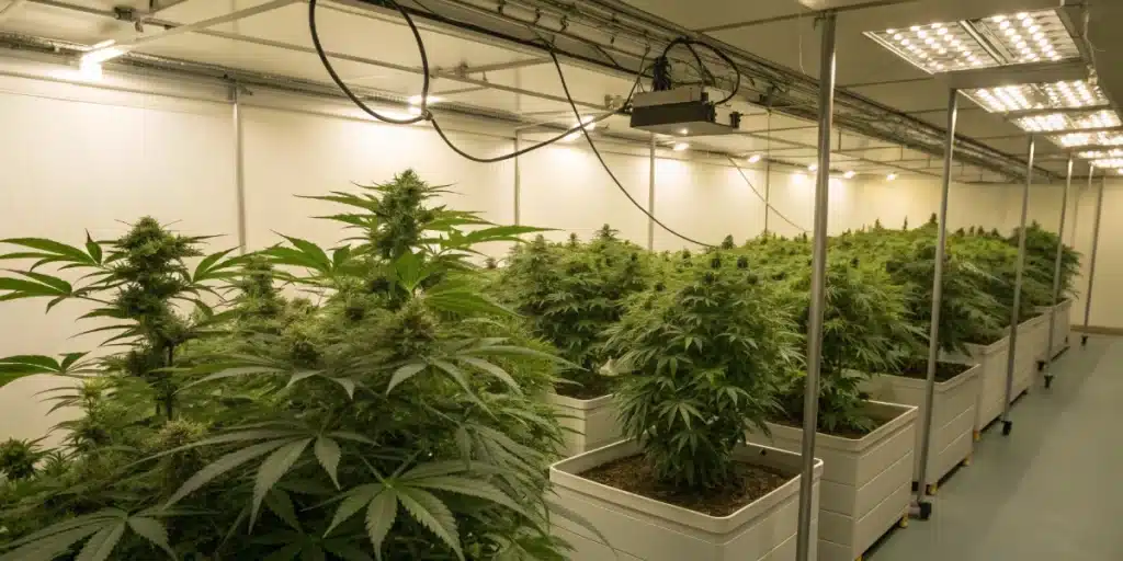 Realistic image of a grow room where defoliate during flowering has been applied, showcasing improved canopy structure, enhanced airflow, and robust bud development.