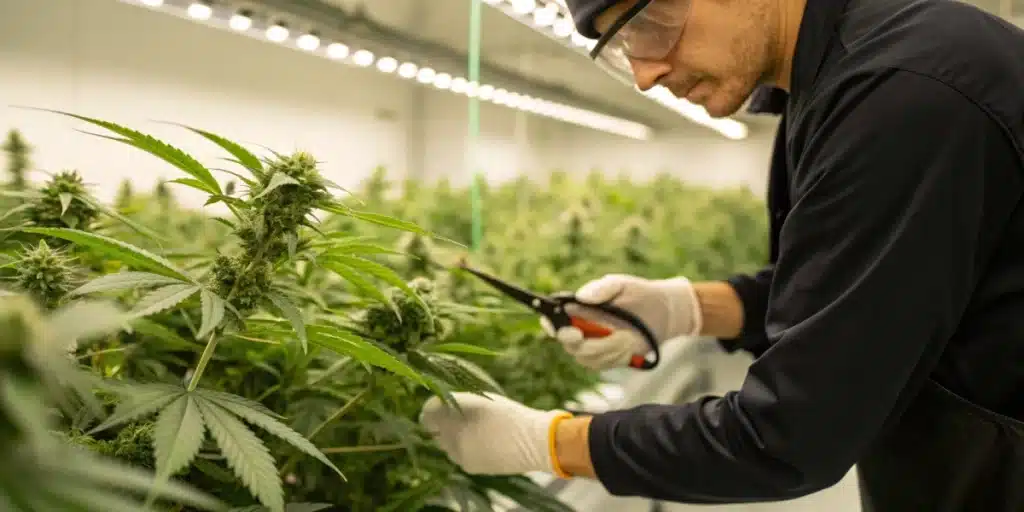 Realistic image showing defoliate during flowering in progress, with a grower trimming leaves to improve light and airflow for better bud growth.