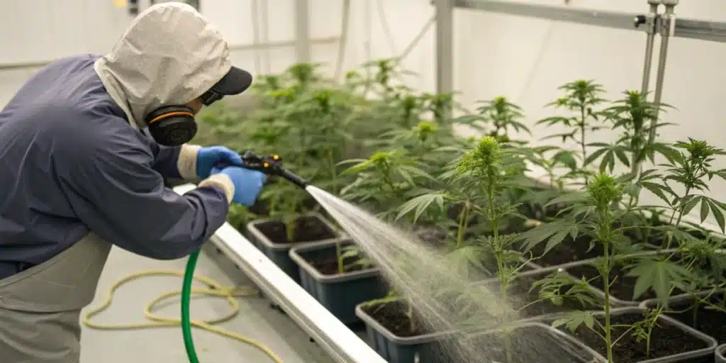 Realistic view of a grower flushing cannabis plants with water, showcasing effective nutrient removal and healthy drainage.