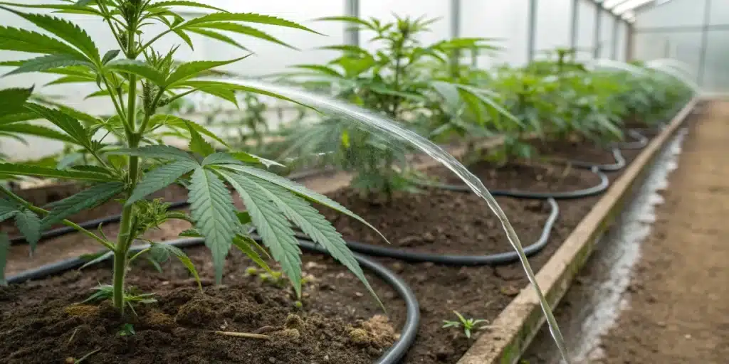 Realistic image of flush cannabis plants being rinsed with water in a greenhouse to remove excess nutrients.
