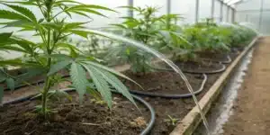 Realistic image of flush cannabis plants being rinsed with water in a greenhouse to remove excess nutrients.
