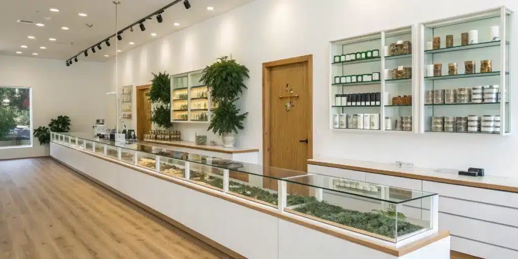 Realistic image of a customer checking ID at a cannabis store in France, highlighting legal purchase protocols.