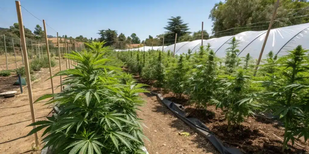Outdoor cannabis farm with rows of Gelonade plants and a greenhouse under a sunny sky.