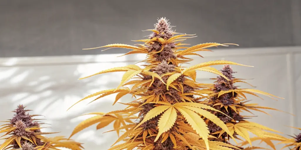 Hyper-realistic image of Gelonade cannabis plants with striking golden-yellow leaves and purple buds.
