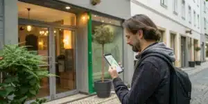 Tourist checking germany weed laws for tourists on phone outside Berlin cannabis club.
