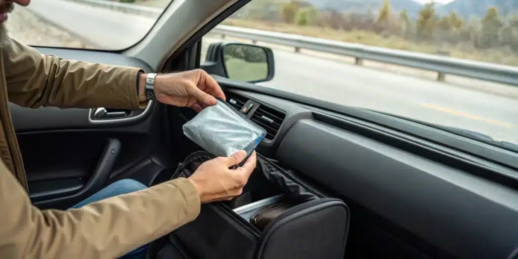 Traveler storing cannabis in glove box following germany weed laws for tourists for safe transport.