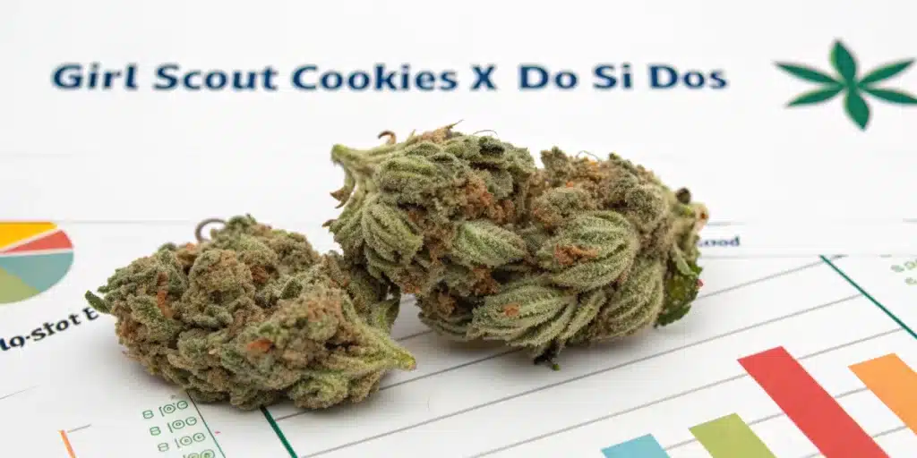 Close-up view of dense, resinous buds from Girl Scout Cookies x Do Si Dos Strain showcasing vibrant colors and intricate trichome details.