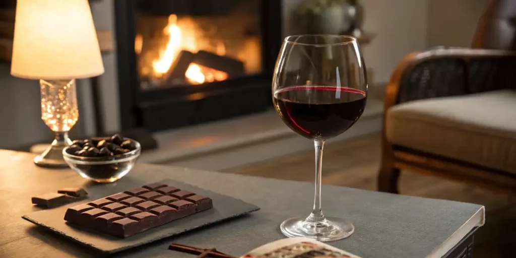 A glass of red wine, dark chocolate, and a bowl of chocolates on a table near a warm fireplace.