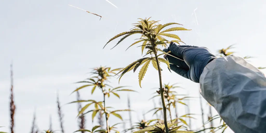 Gloved hand inspecting a cannabis plant under bright daylight in an outdoor garden.