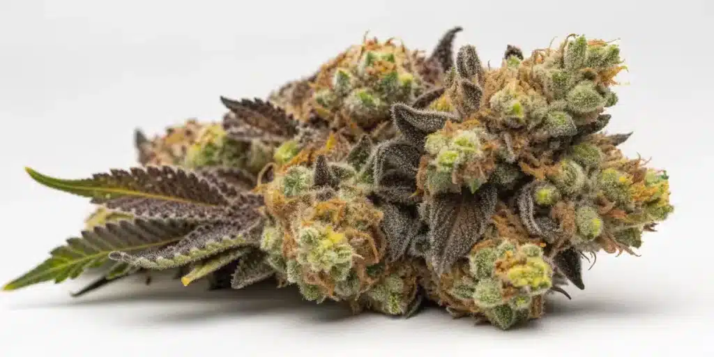 Harvested Gold Leaf Autoflower strain cannabis buds with dense trichomes and purple-green tones.