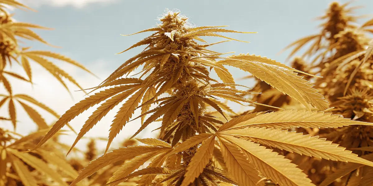 Hyper-realistic image of mature cannabis plants with golden-yellow leaves in a field.