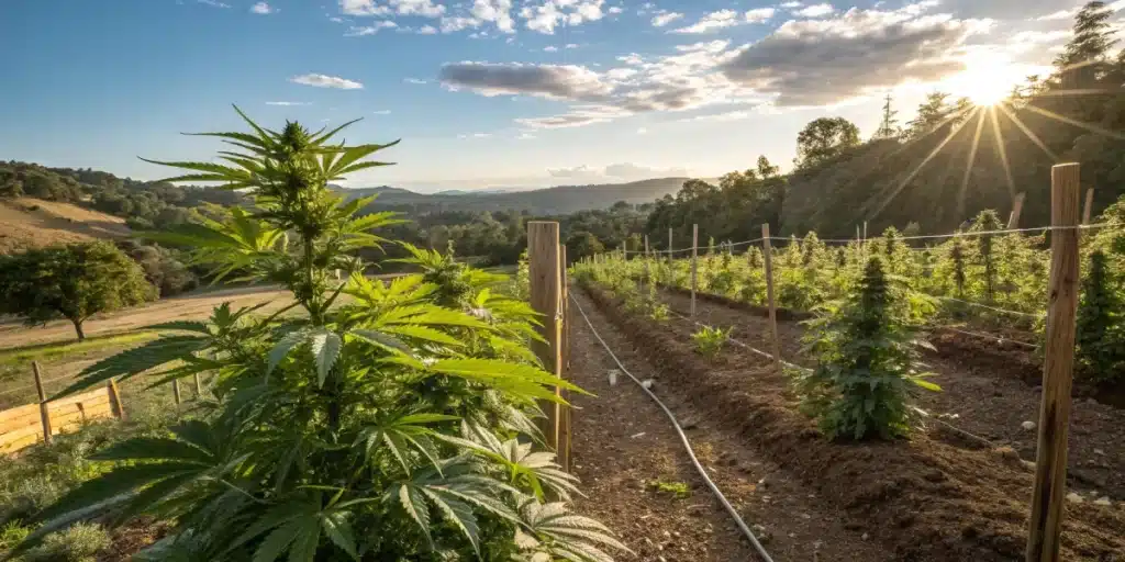Outdoor Gorilla Glue x Gelato with vigorous, resinous buds and lush, layered foliage thriving in natural sunlight.