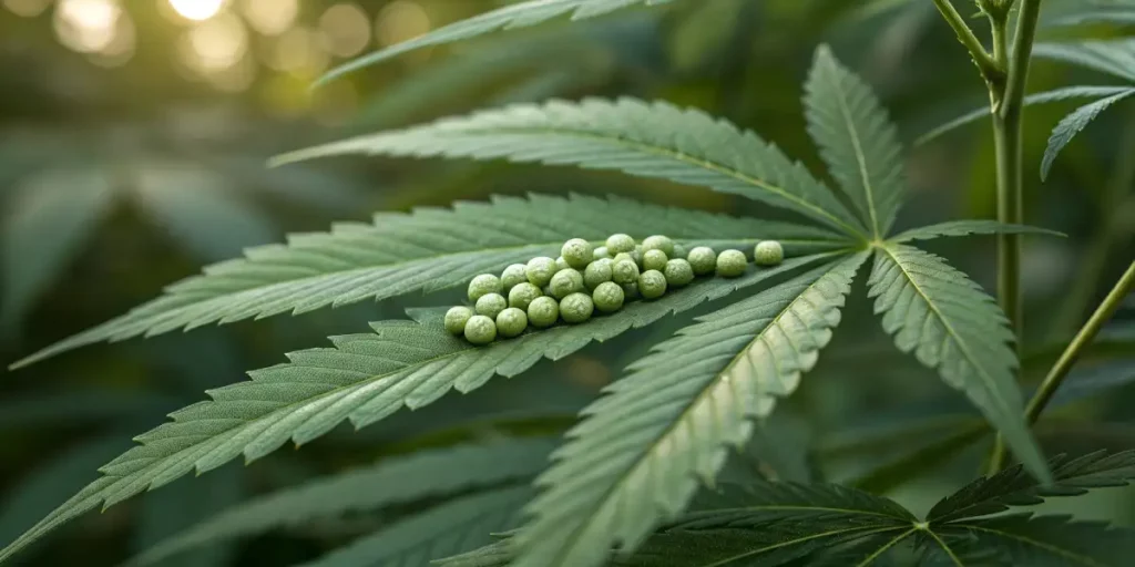 Green caterpillar eggs clustered on a cannabis leaf.