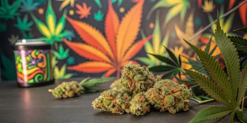 Close-up view of dense, trichome-rich buds from Green Crack x Amnesia Haze showcasing vibrant colors and layered structure.