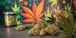 Close-up view of dense, trichome-rich buds from Green Crack x Amnesia Haze showcasing vibrant colors and layered structure.