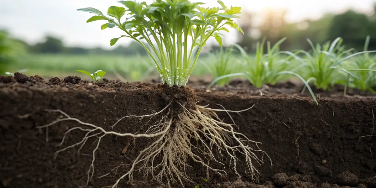 Hyper-realistic image of a vibrant green plant with its roots visible in rich soil, set in an outdoor garden.