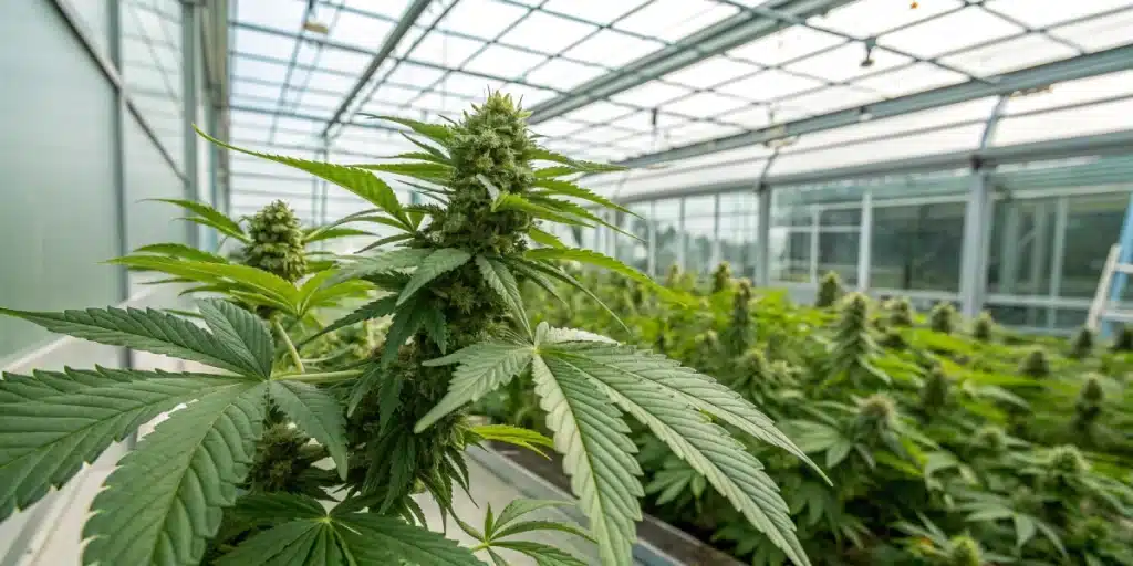 Indoor setup featuring thriving Green Poison Autoflower F1 plants under LED lighting, showcasing compact growth and dense, colorful buds.