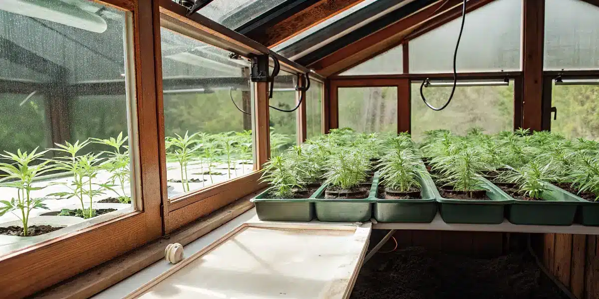 Hyper-realistic greenhouse interior with rows of cannabis plants in propagation trays and window views.